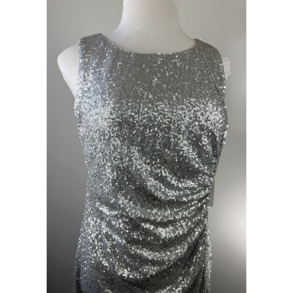 NWT Calvin Klein Sequin Ruched Sheath Shift Dress Silver Pleated Bodycon Size 14 - Picture 6 of 16